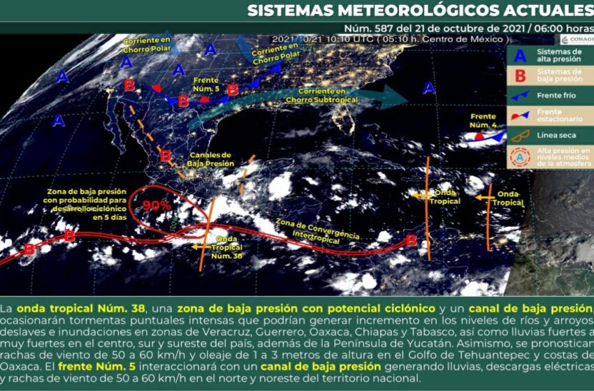  Prevén lluvias intensas en Chiapas, Guerrero, Oaxaca, Tabasco y Veracruz