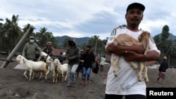 Residentes evacuan sus propiedades con sus animales en el este de la isla de Java, Indonesia, tras la erupción del volcán Semeru el 6 de diciembre de 2021.