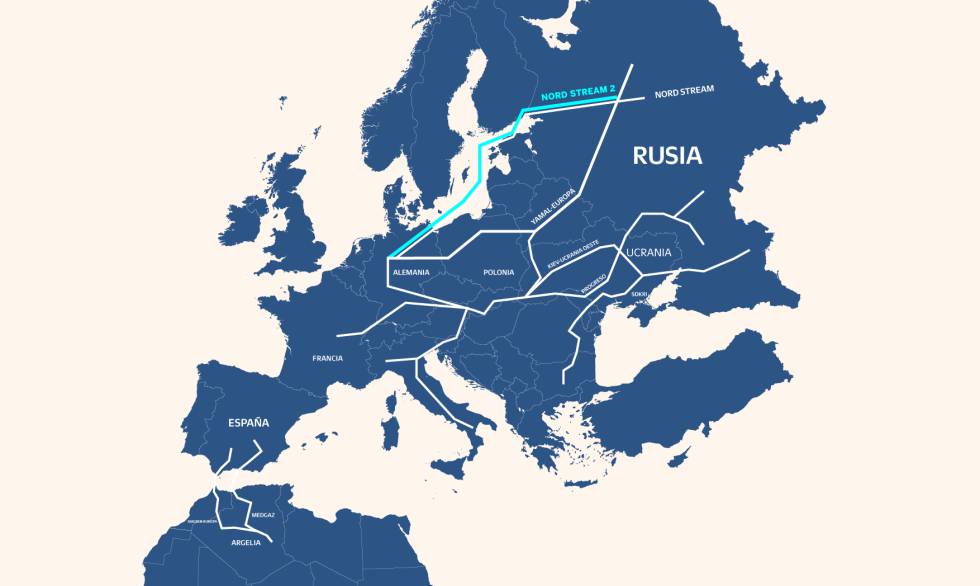 Red de gasoductos que conectan a Europa con Rusia y Argelia, sus principales proveedores.