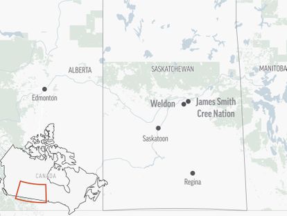 Mapa de la provincia de Saskatchewan, con las localizaciones de los ataques y principales ciudades.