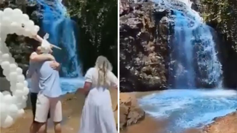  Pareja tiñó el agua de una cascada para la fiesta de revelación de género de su bebé