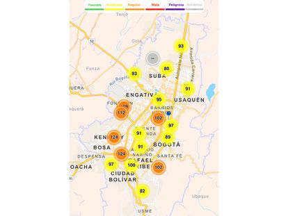 Mapa que muestra la calidad del aire en las distintas zonas de Bogotá, el 27 de febrero de 2023.