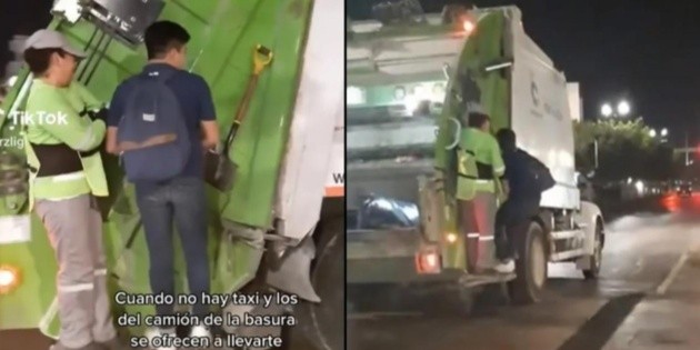  Joven no halla taxi y camión de la basura le da aventón en Campeche