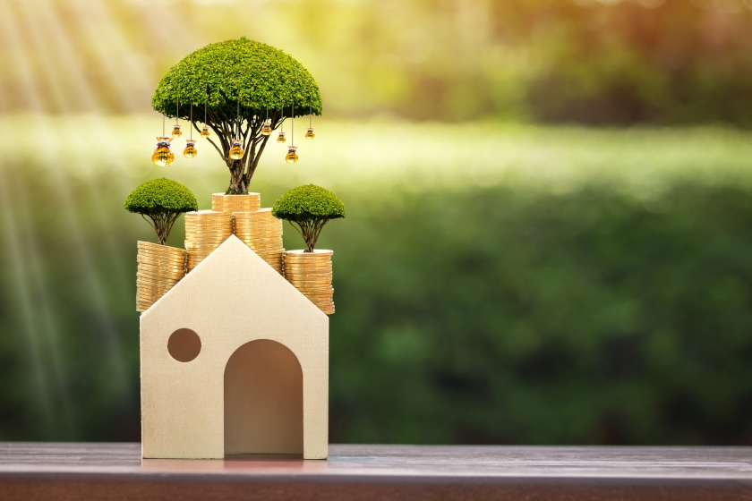 Wooden home and stacked coins shows the value of trees