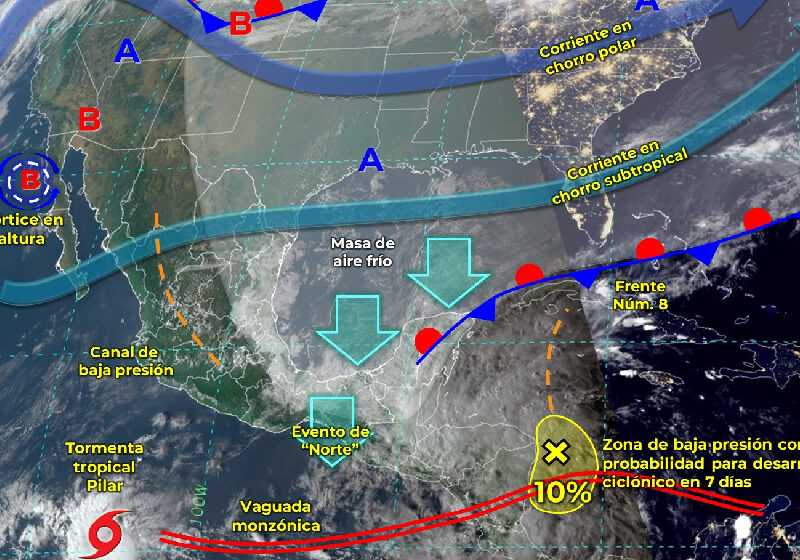  Sistema frontal número 8 afectará a la Península de Yucatán; habrán lluvias fuertes