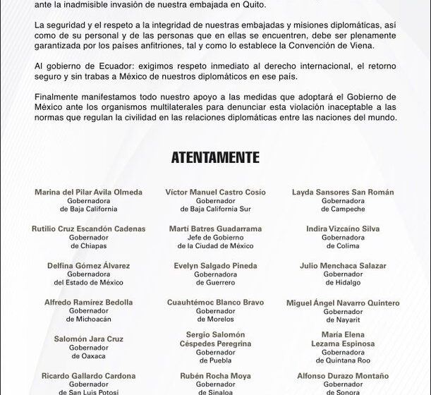  Gobernadores de la 4T respaldan decisión de AMLO de romper relaciones diplomáticas …