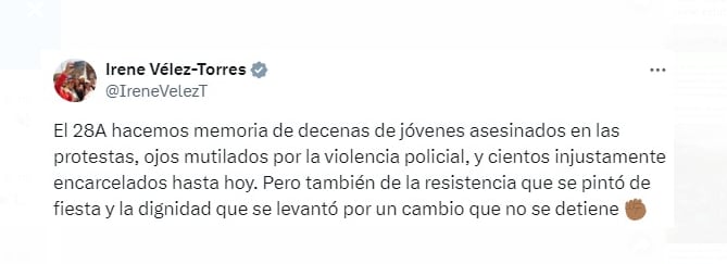 Irene Vélez, la exministra de Minas, llamó la atención al hablar sobre el tercer aniversario del Paro Nacional de 2021 - crédito @IreneVelesT/X