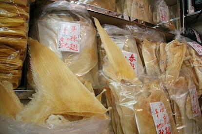 Bolsas de aletas de tiburón secas en un mercado de Hong Kong.