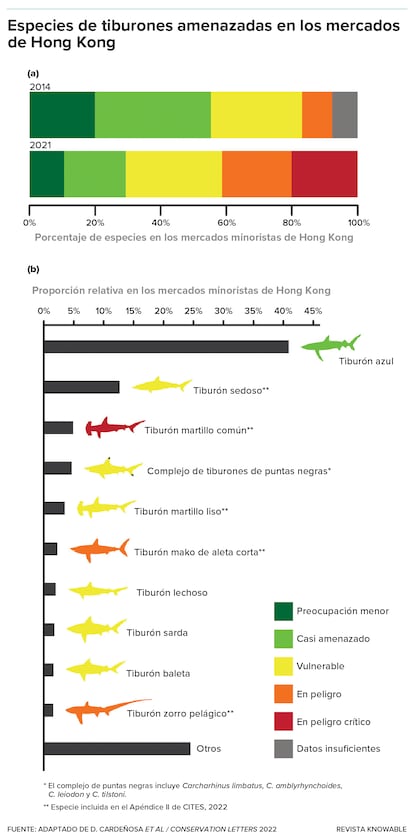 Arriba: Un gráfico de barras muestra la elevada contribución de las especies de tiburones amenazadas, según indica la Lista Roja de la UICN, en el comercio de aletas secas de tiburón en Hong Kong en 2014 y 2021. Abajo: Otro gráfico de barras muestra la contribución relativa de las especies de tiburones de mayor valor en ese mercado, así como su estado de vulnerabilidad según la UICN.