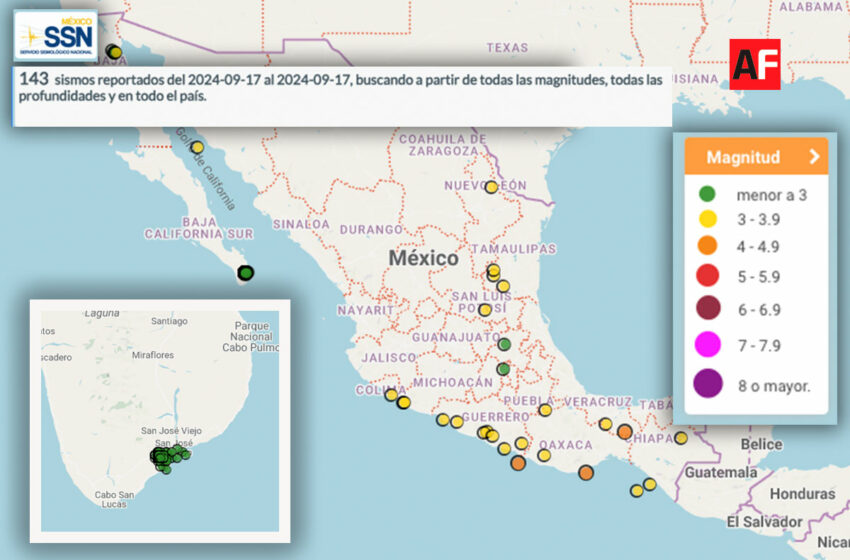  En lo que va del martes 17 de septiembre el SSN registró 143 sismos, 112 fueron en BCS