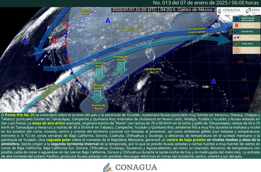  El frente frío no. 21 y su masa de aire ártico, ocasionarán lluvias puntuales fuertes a muy …