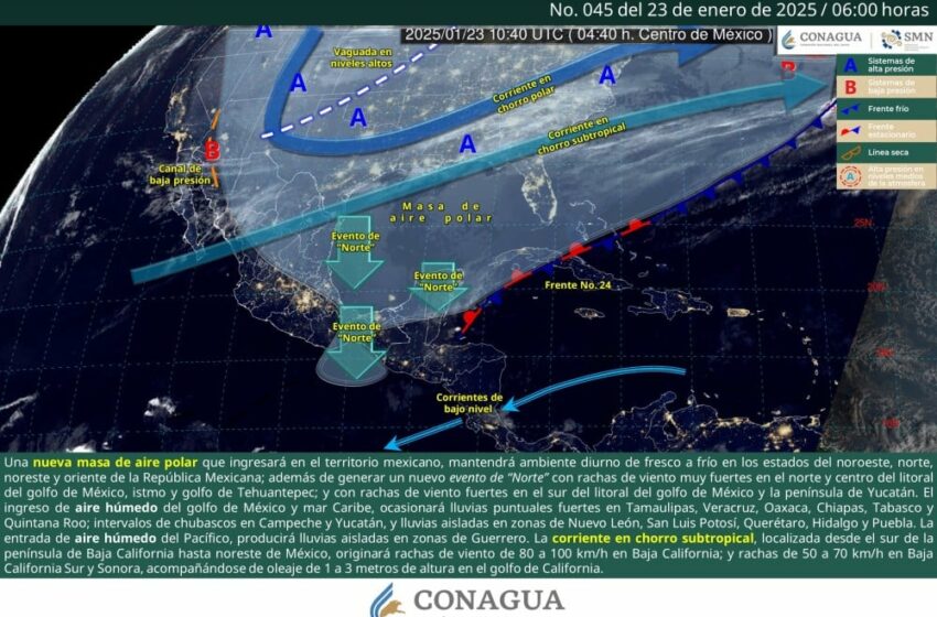  Frente frío y masa de aire polar impactan a México con bajas temperaturas y eventos de “Norte”