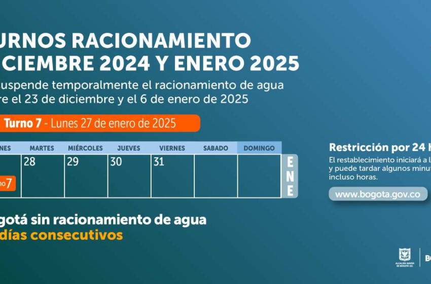  ¡Turno 7! Racionamiento de agua en Bogotá, Funza, Madrid lunes 27 de enero 2025