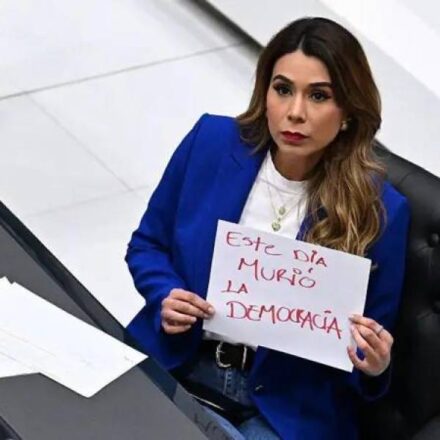 La diputada opositora Marcela Villatoro sostiene un papel con la leyenda "Este día murio la democracia"