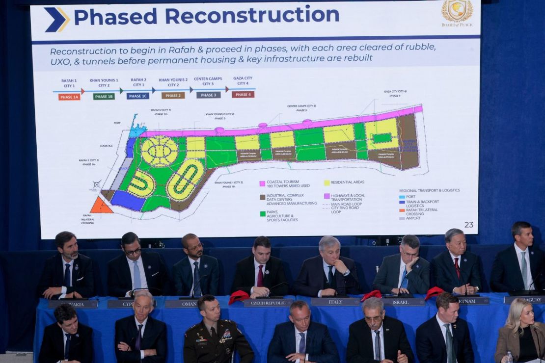 Funcionarios escuchan presentaciones sobre el trabajo de la Junta Ejecutiva de Gaza durante la reunión inaugural de la Junta de Paz.