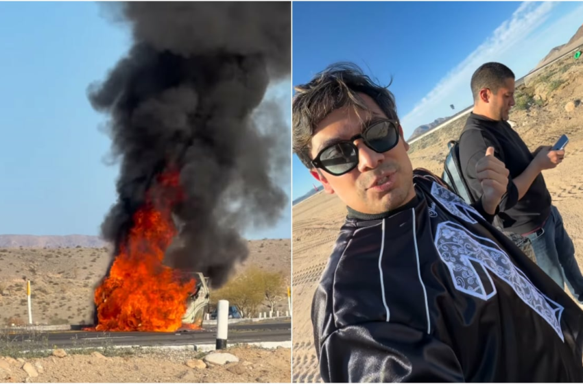  Se incendia auto de Ricardo Peralta y César Doroteo en carretera de Baja California