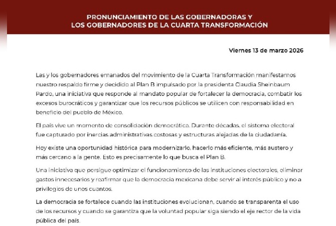  Gobernadores de la 4T respaldan en "plan B" de Claudia Sheinbaum