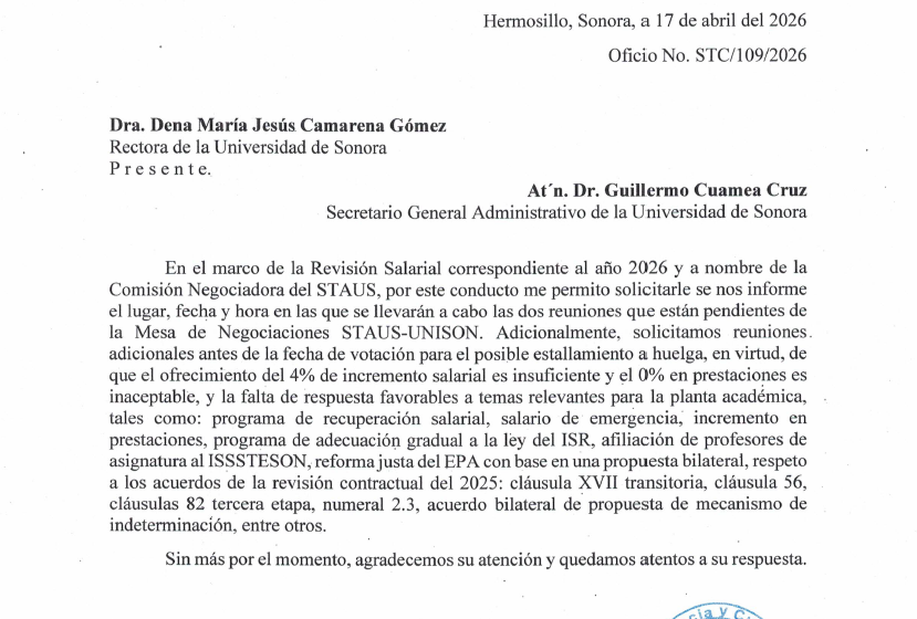  STAUS solicita intensificar negociaciones con la Universidad de Sonora ante falta de avances