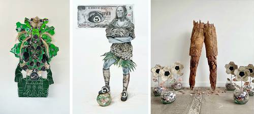  Artista transforma balones y billetes en desuso en deidades prehispánicas